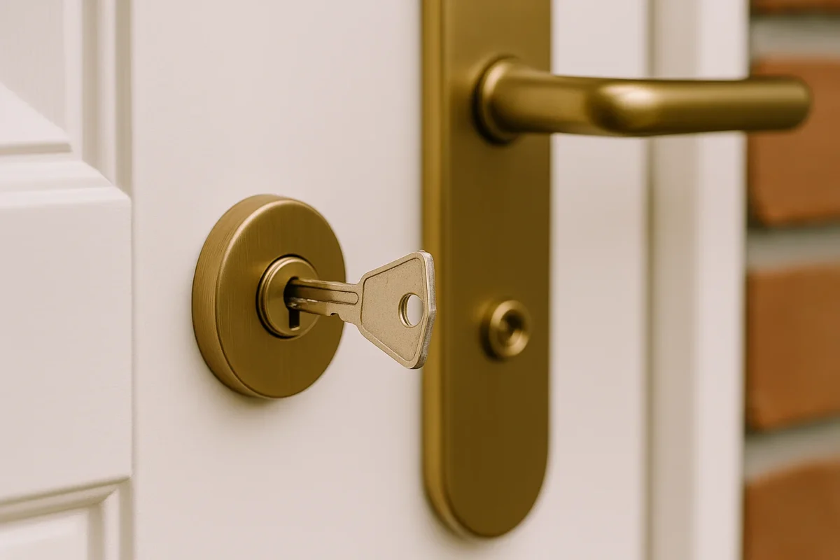 Close-up van een afgebroken sleutel in een modern deurslot met metalen beslag.