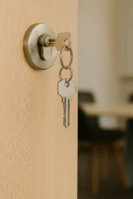 Sleutelbos steekt in een modern cilinderslot van een houten deur met een lichte, rustige achtergrond.