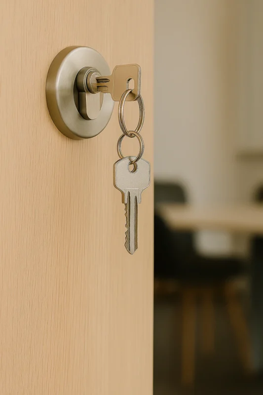 Sleutelbos steekt in een modern cilinderslot van een houten deur met een lichte, rustige achtergrond.