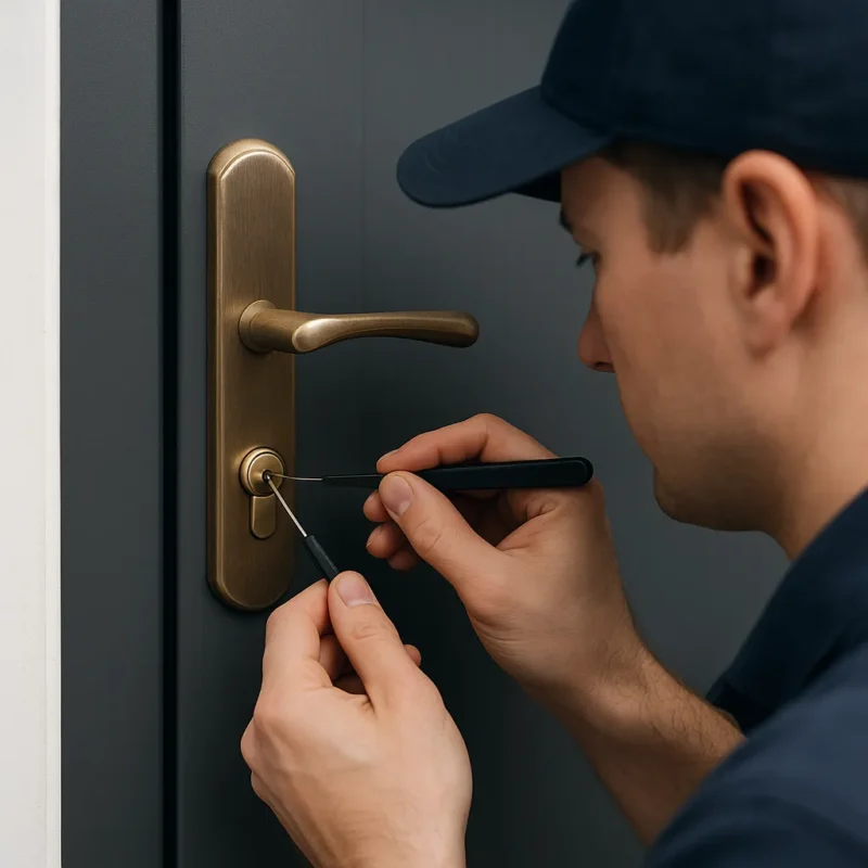 Locksmith opent voorzichtig een deurcilinder met professioneel lockpick-gereedschap.