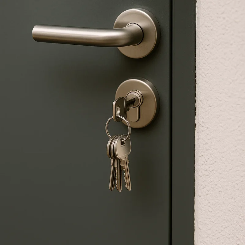 Close-up van een moderne voordeur met sleutels die in het slot hangen.