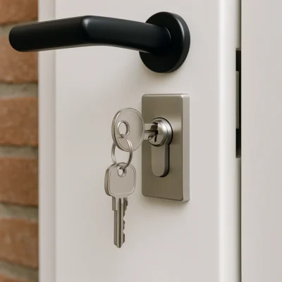 Close-up van een sleutel die in een modern cilinderslot van een witte deur steekt.