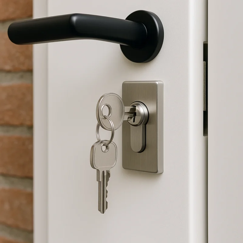 Close-up van een sleutel die in een modern cilinderslot van een witte deur steekt.