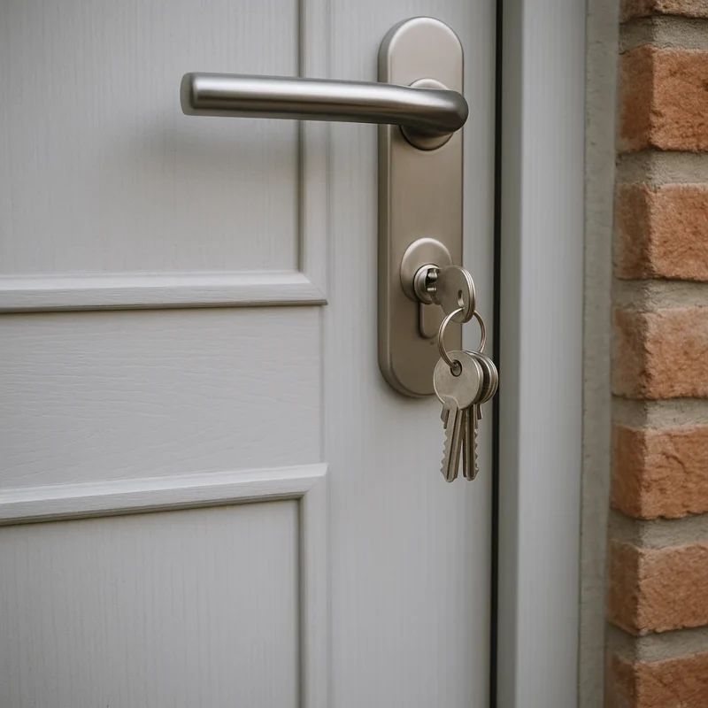 Sleutelbos hangt in het slot van een moderne houten voordeur met metalen beslag.