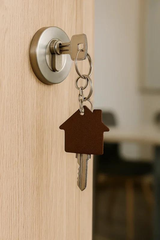 Sleutel met huisvormige sleutelhanger steekt in een modern cilinderslot van een houten deur.