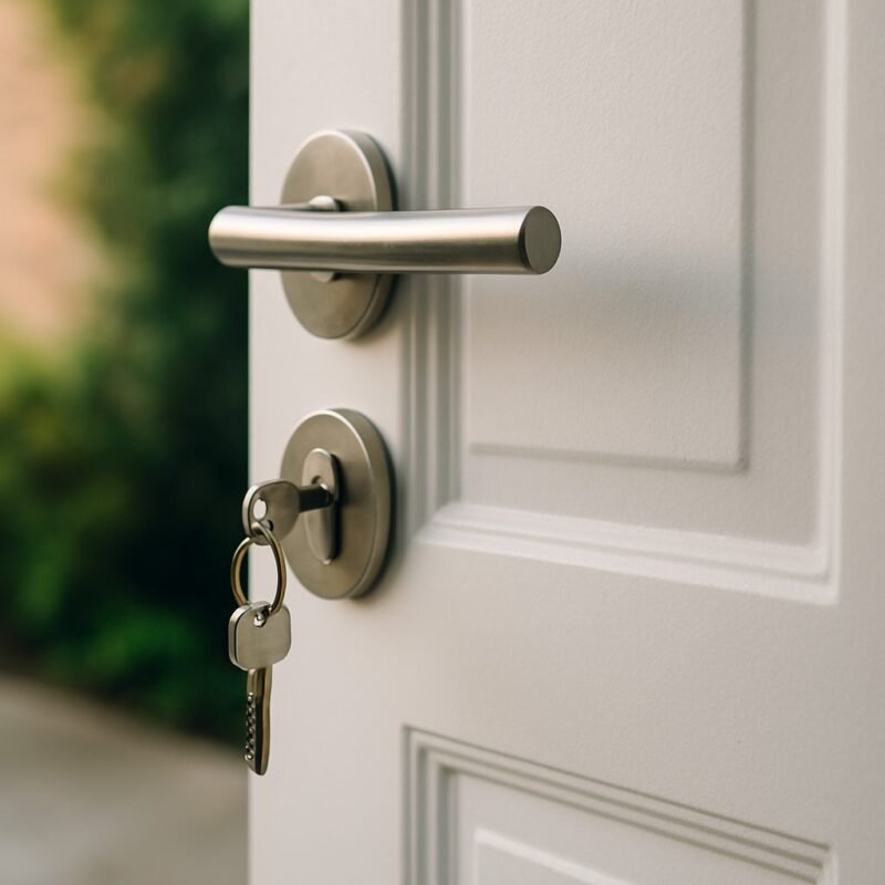 Deur met metalen deurklink en sleutel in het cilinderslot.
