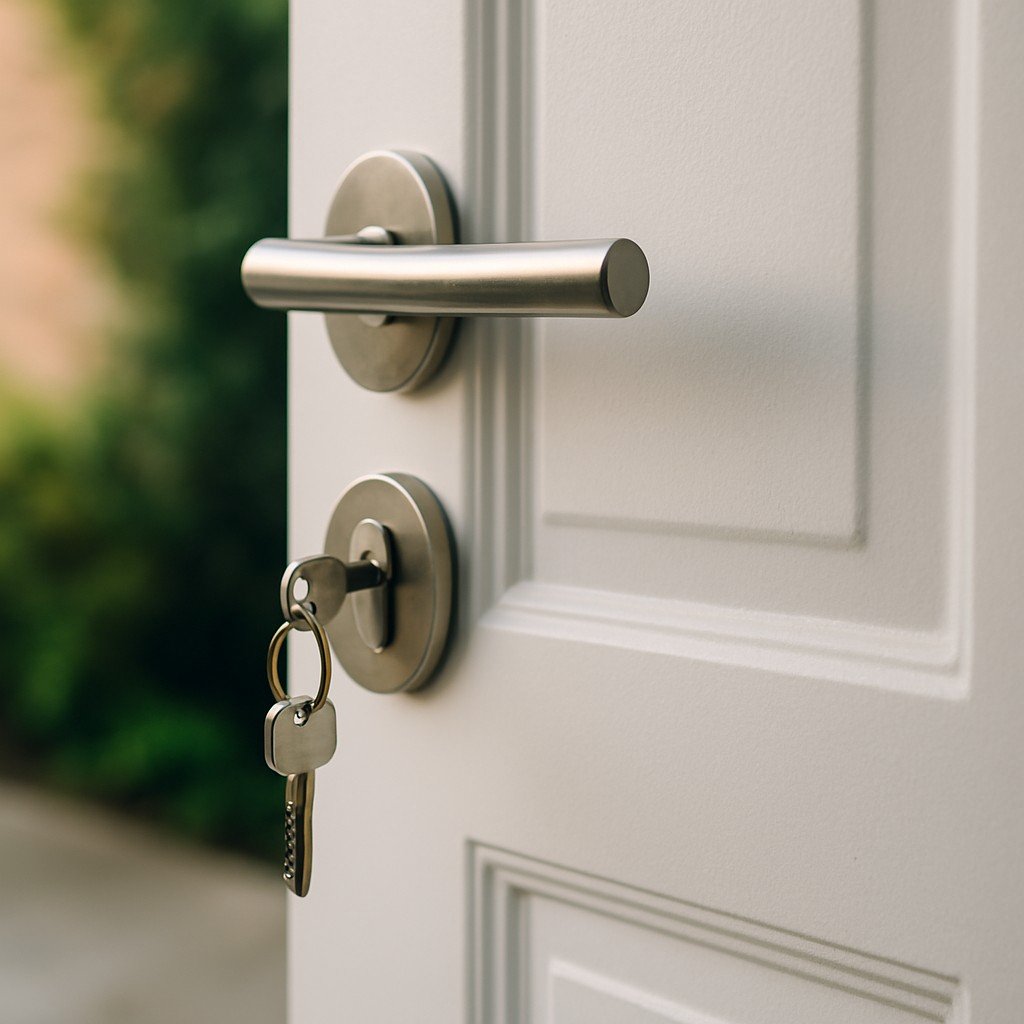 Deur met metalen deurklink en sleutel in het cilinderslot.