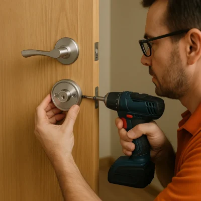 Locksmith vervangt een deurslot met een boormachine op een witte buitendeur.