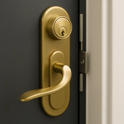 Close-up van een modern goudkleurig veiligheidsslot en deurklink op een donkergrijze voordeur.