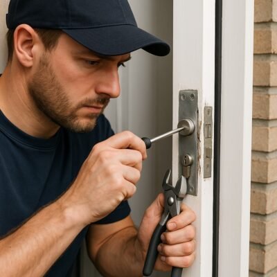 Slotenmaker die met een schroevendraaier en tang een deurslot opent bij buitensluiting.