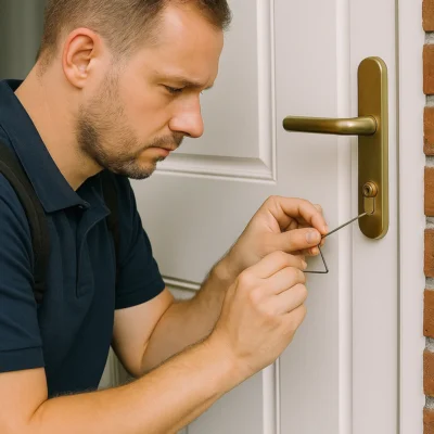 Slotenmaker opent een moderne voordeur zorgvuldig met professioneel gereedschap.