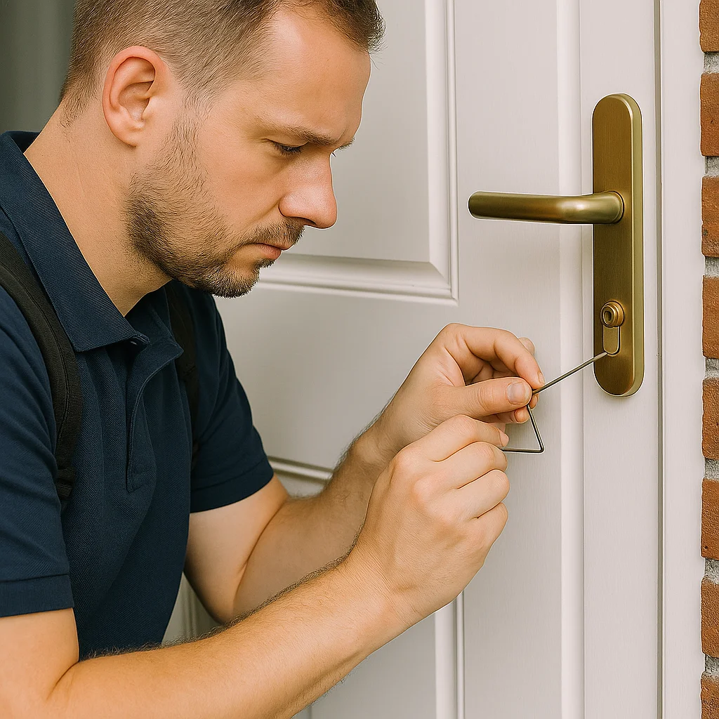 Slotenmaker opent een moderne voordeur zorgvuldig met professioneel gereedschap.