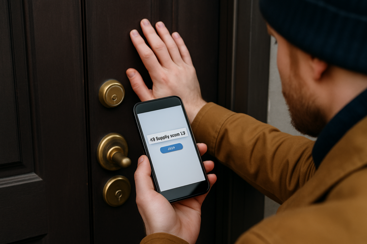 Man zoekt locksmith near me op zijn telefoon voor spoedhulp bij buitensluiting