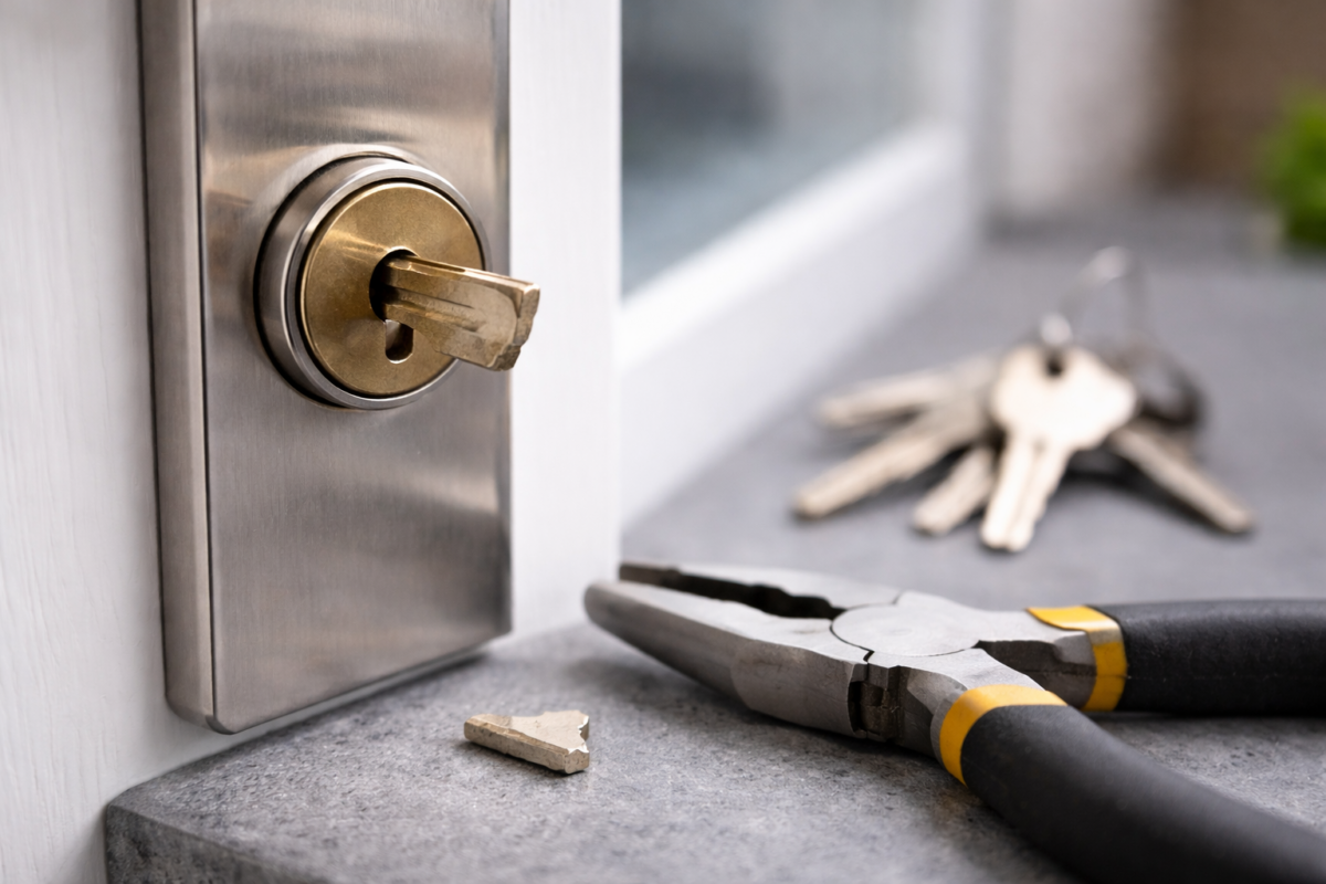 Sleutel afgebroken in slot met afgebroken stuk zichtbaar