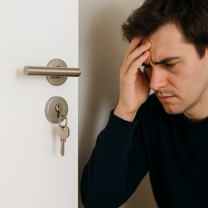 Man in stress terwijl sleutel in slot laten zitten zichtbaar in deur