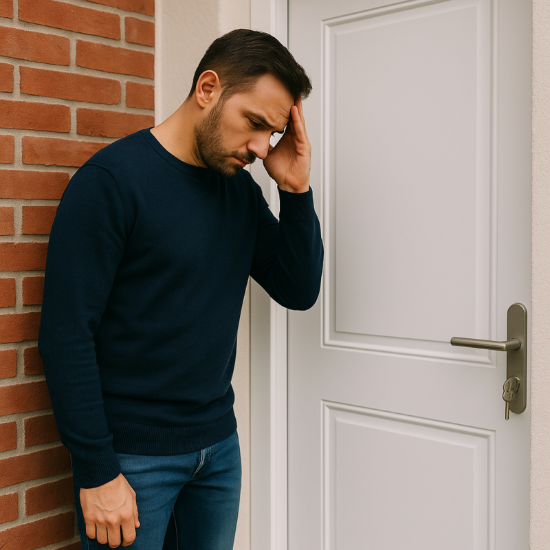 Man staat voor een gesloten deur en realiseert zich dat hij Sleutel vergeten in huis is.